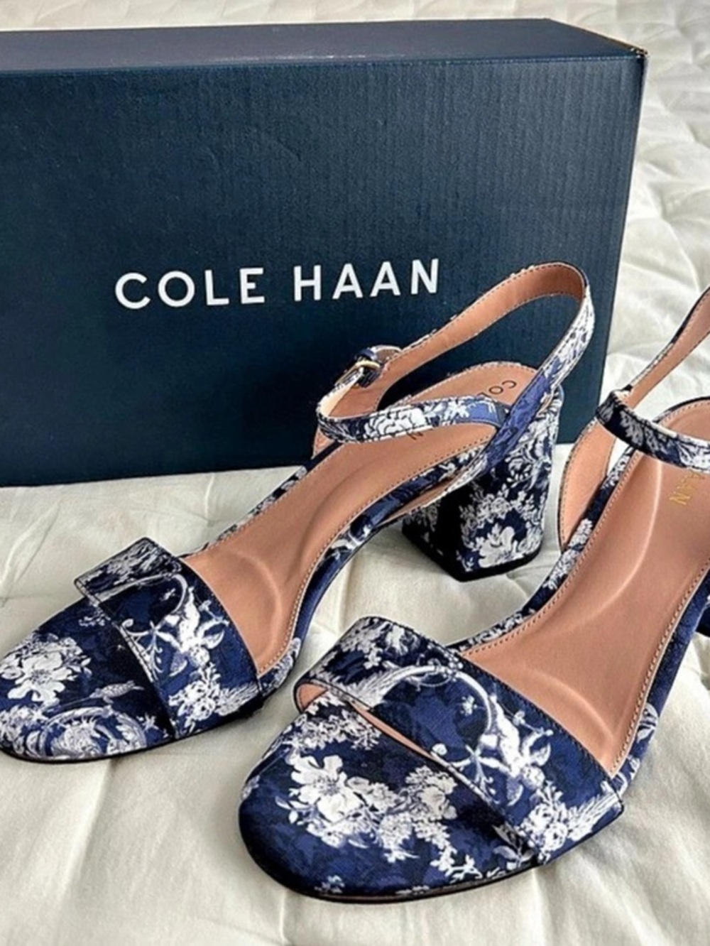 Cole Haan Josie Block Heel SDL Floral Sandals Blue & White US 8 B